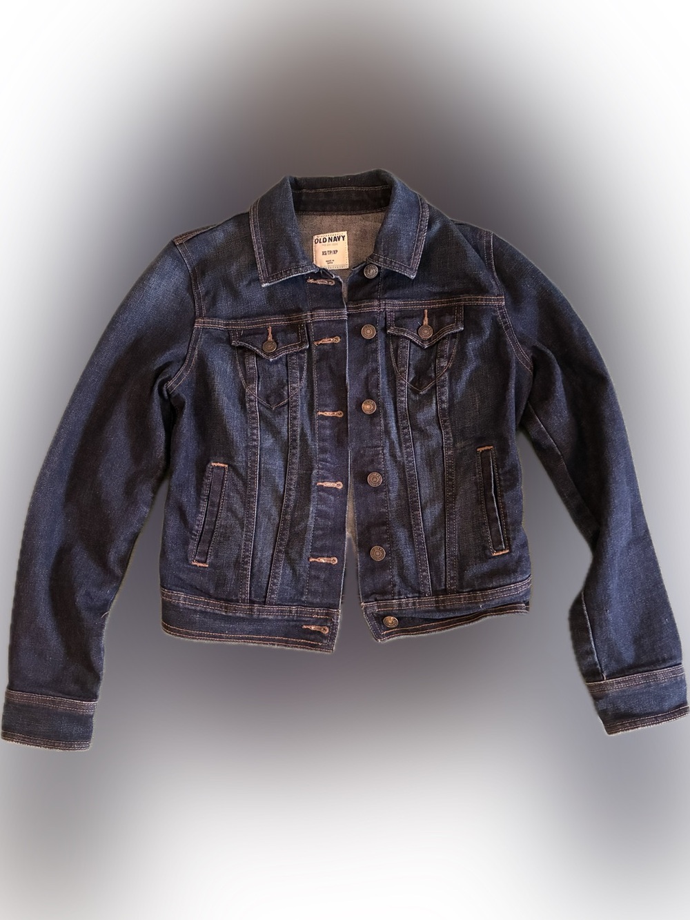 Old Navy Dark Wash Denim Trucker Jacket with Copper Stitching